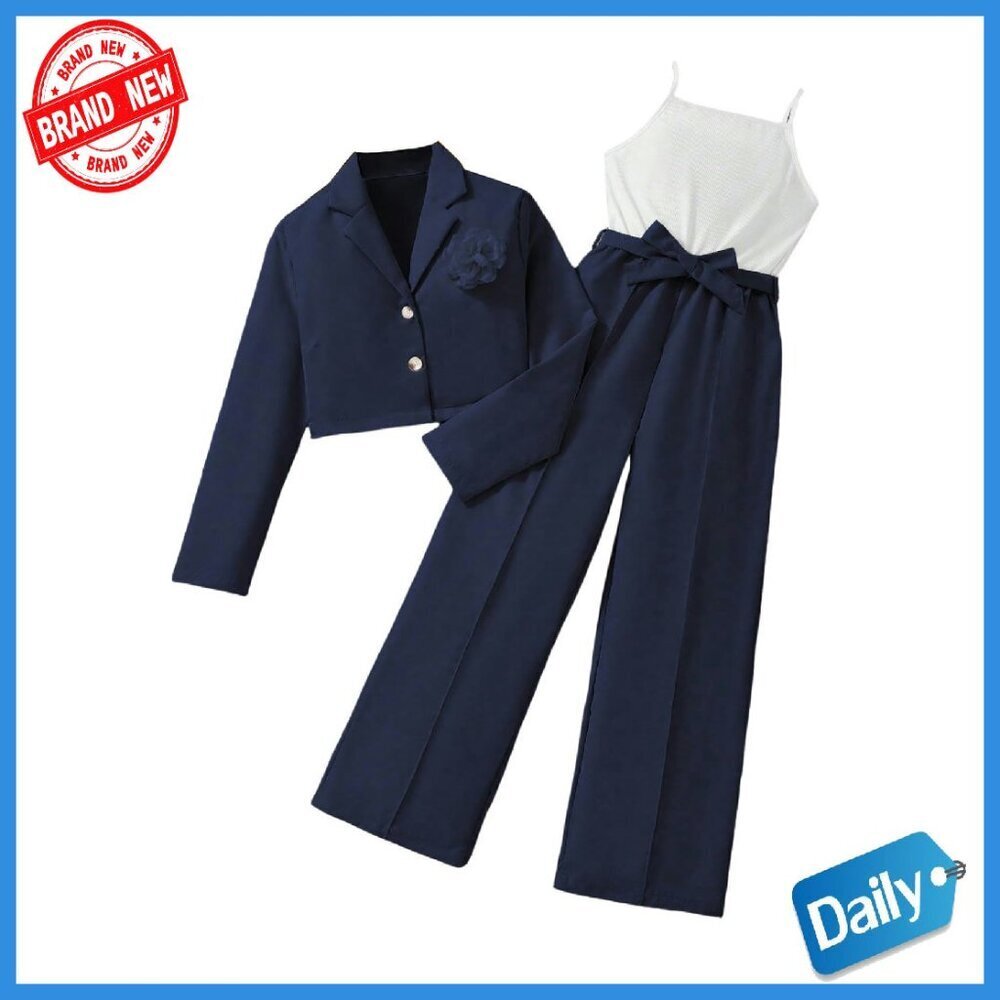 Girls 2-Piece Outfit Sleeveless Belted Romper 3D Floral Crop Jacket